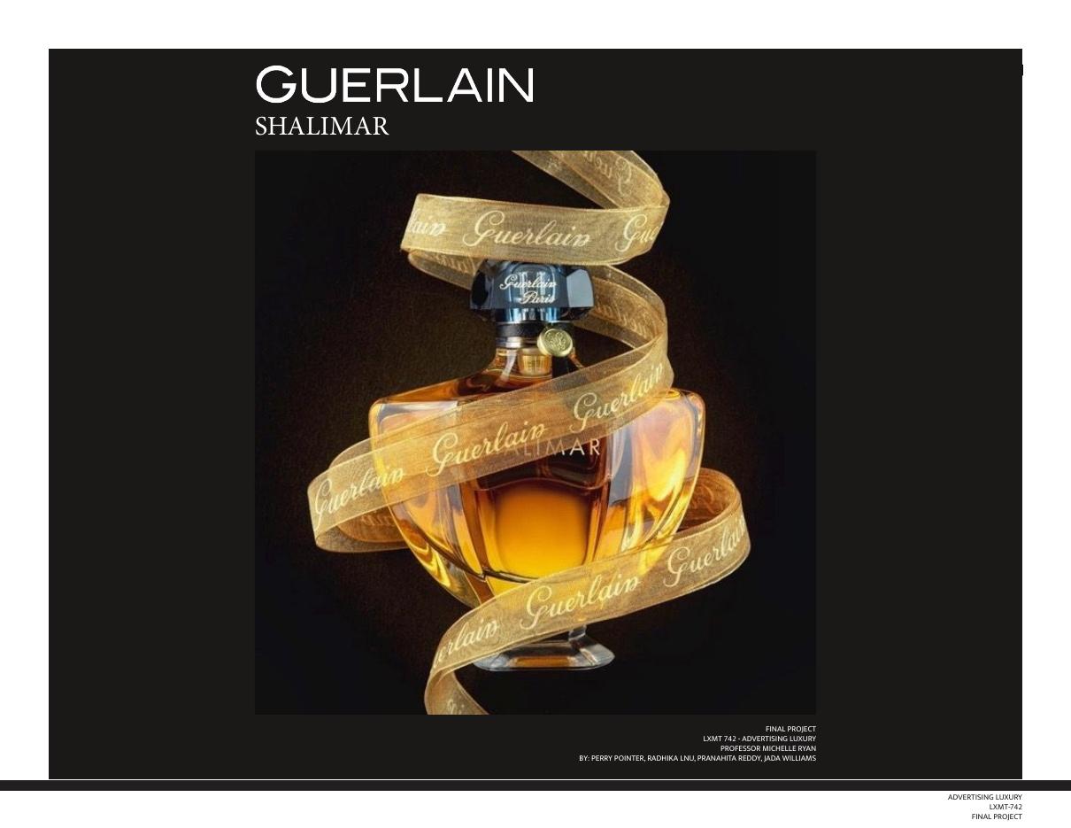 Guerlain Shalimar campaign processbook cover featuring the iconic fragrance bottle wrapped in gold ribbon